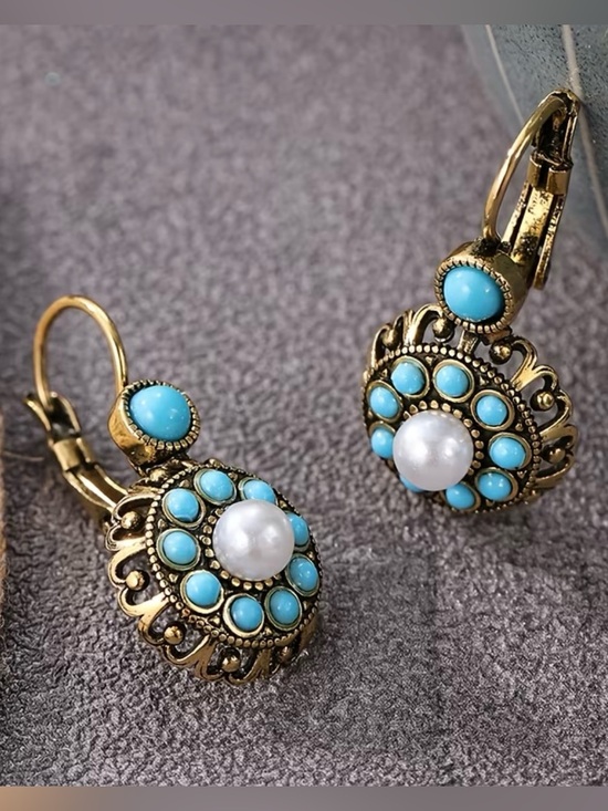 Anthropologie Jewelry - NEW! Vintage-Style Gold Filigree Drop Earrings. Antique Turquoise Earrings B2–92
